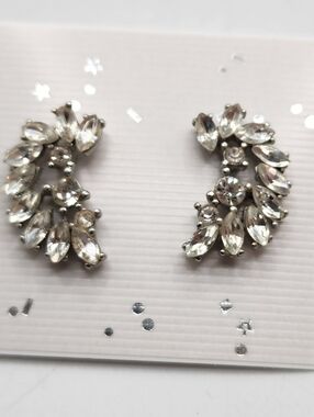 Vintage Clear Rhinestone Earrings Crescent Pierced Post 1" Inch